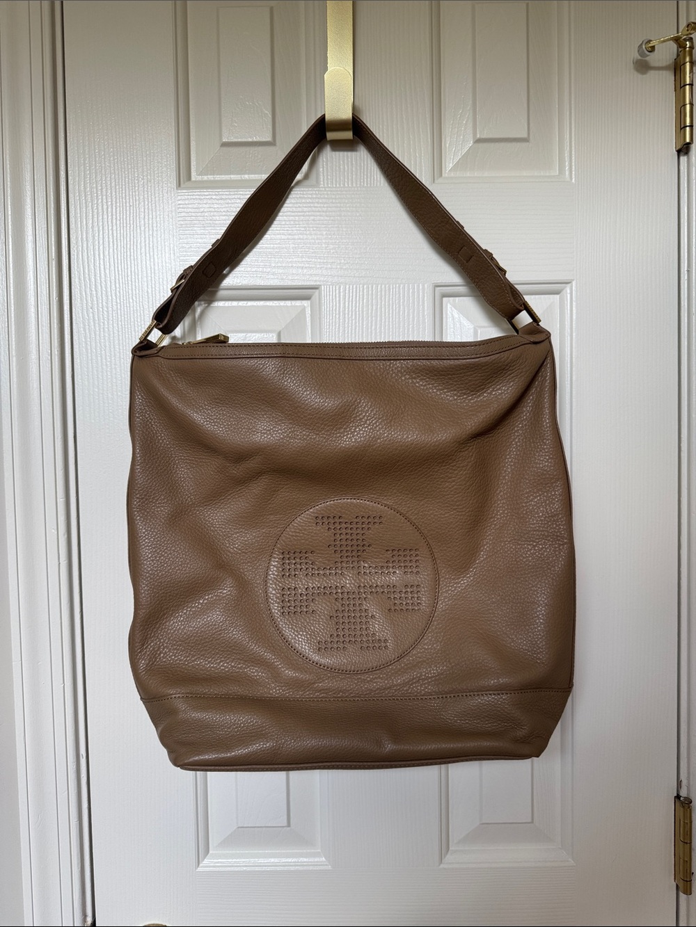 Tory Burch Tan Perforated Logo Leather Shoulder Bag